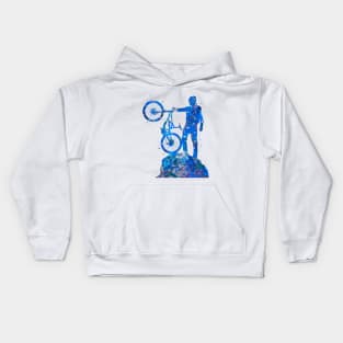 Downhill mountain bike watercolor blue art Kids Hoodie